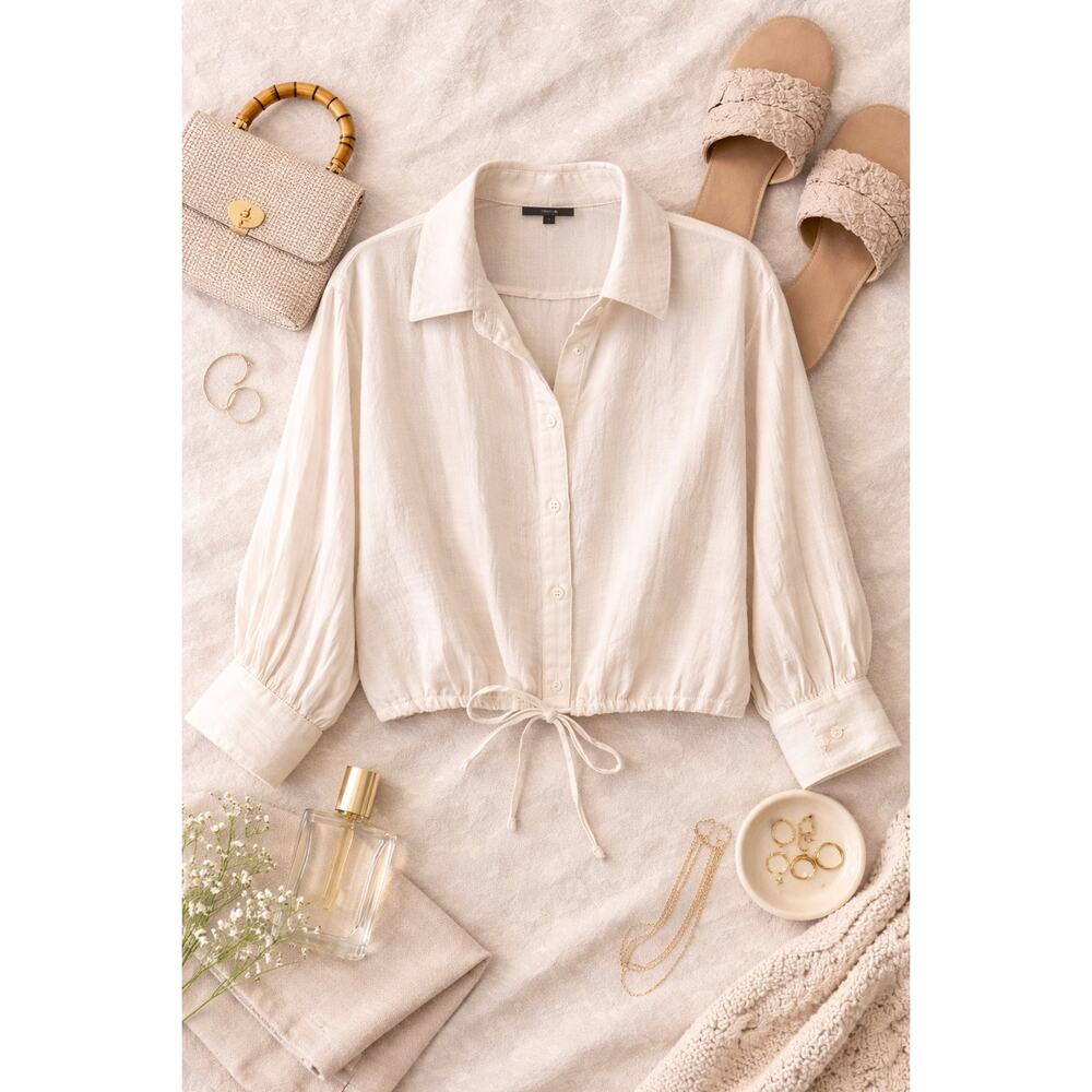 Drew Women's Cropped Drawstring Hem Button Up Shi… - image 1